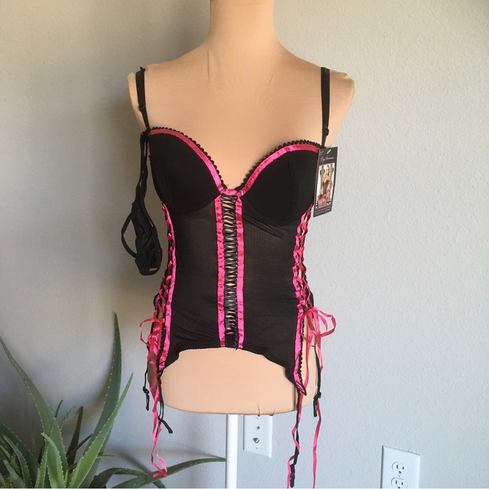 2 pc mesh underwire padded cups with lace up side, and g-string